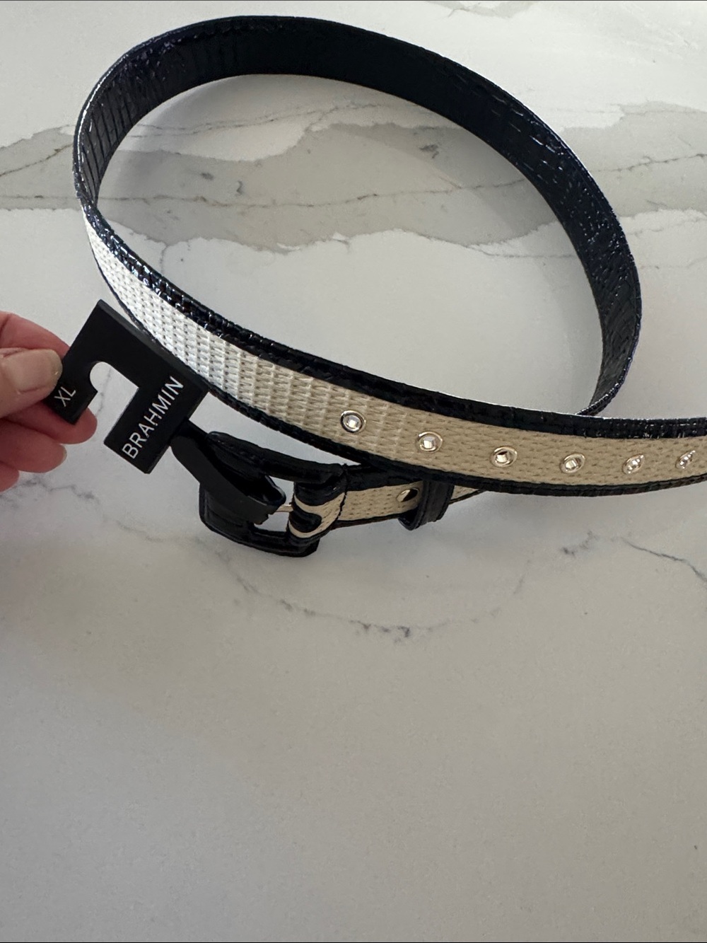 Brahmin Black and Cream raffia Leather Belt with gold Accents XL New